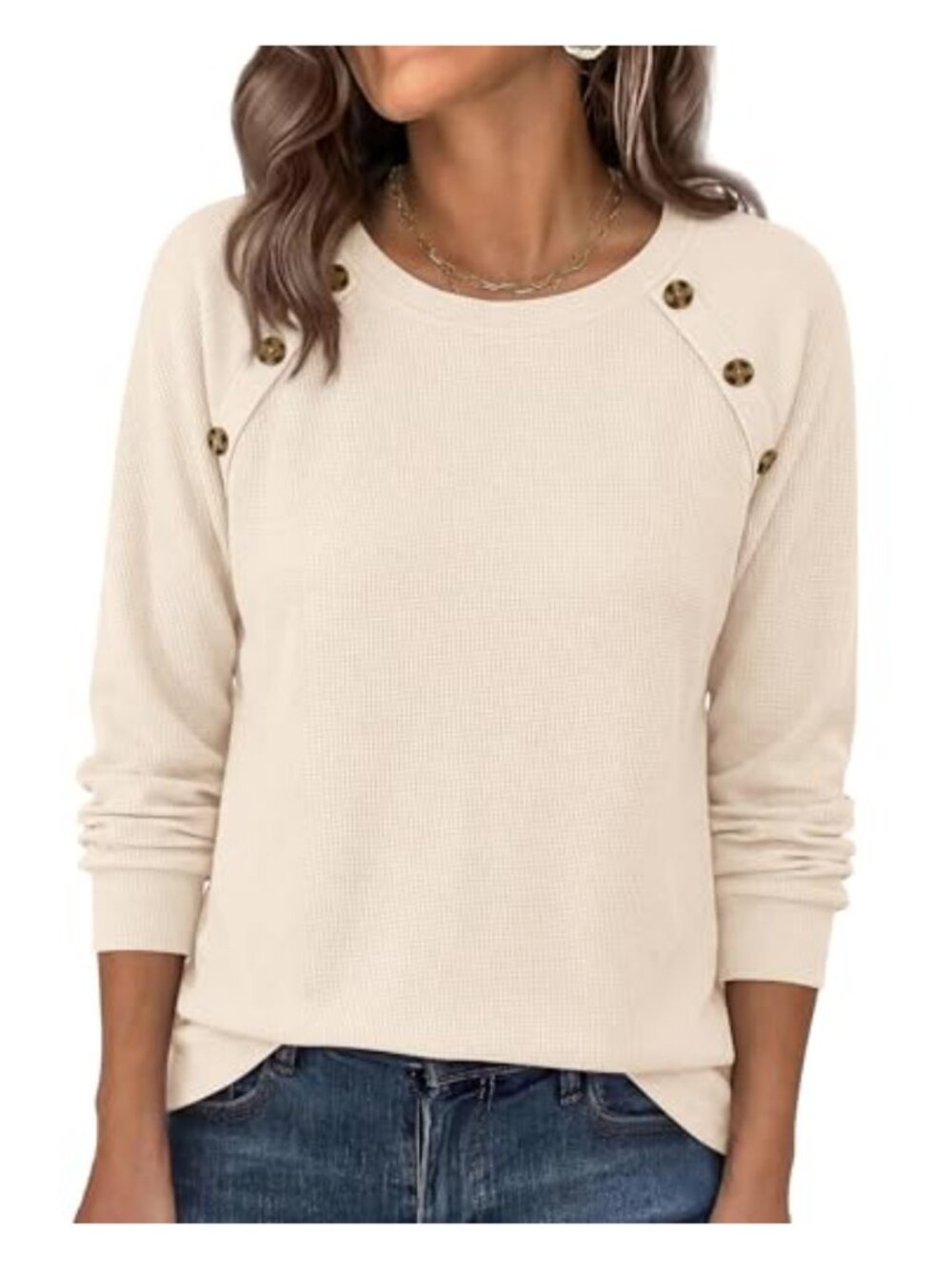 Waffle Knit Long Sleeve Crew Neck Pullover Top with Buttons